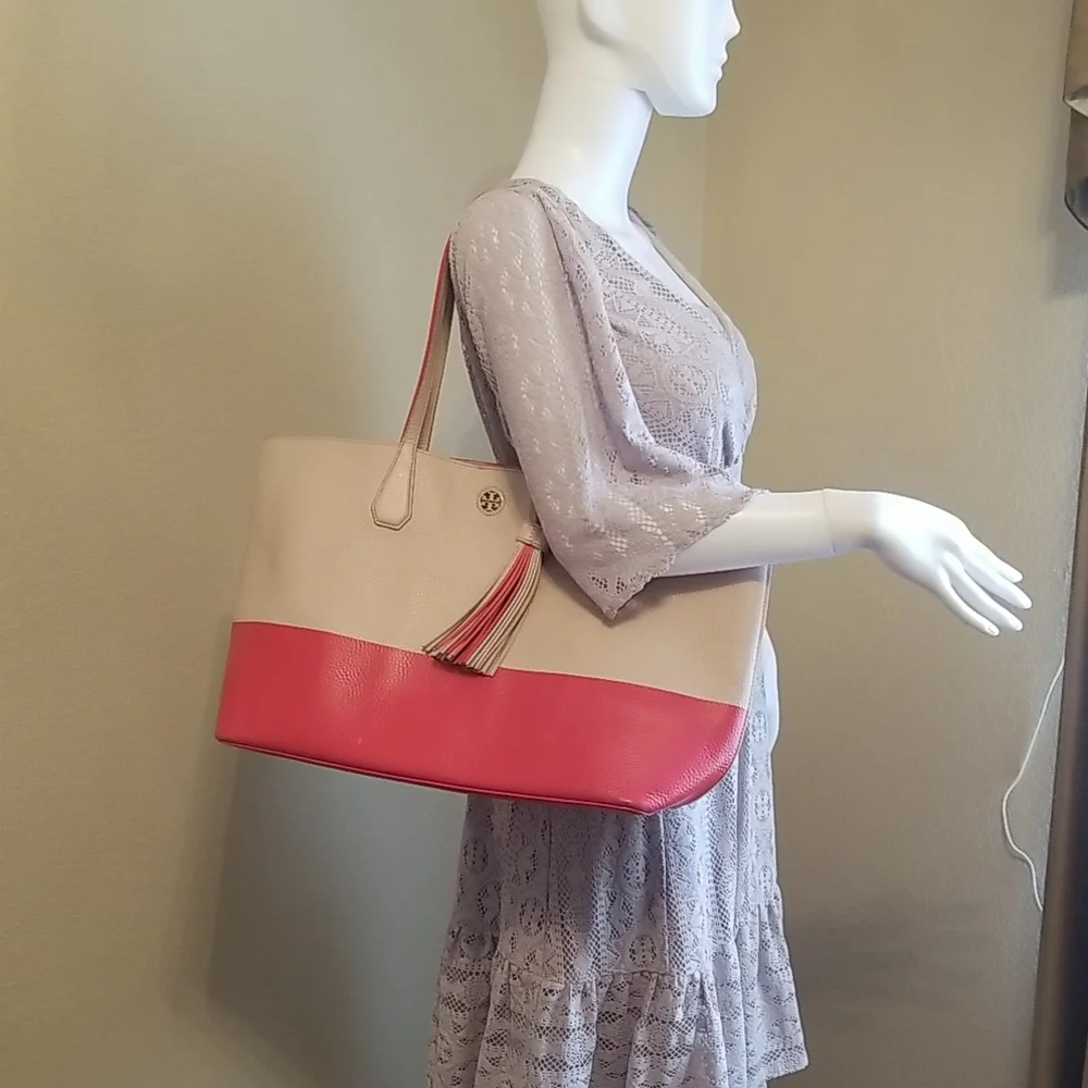 Tory Burch Two-Tone Cream and Coral Leather Tote with Tassel